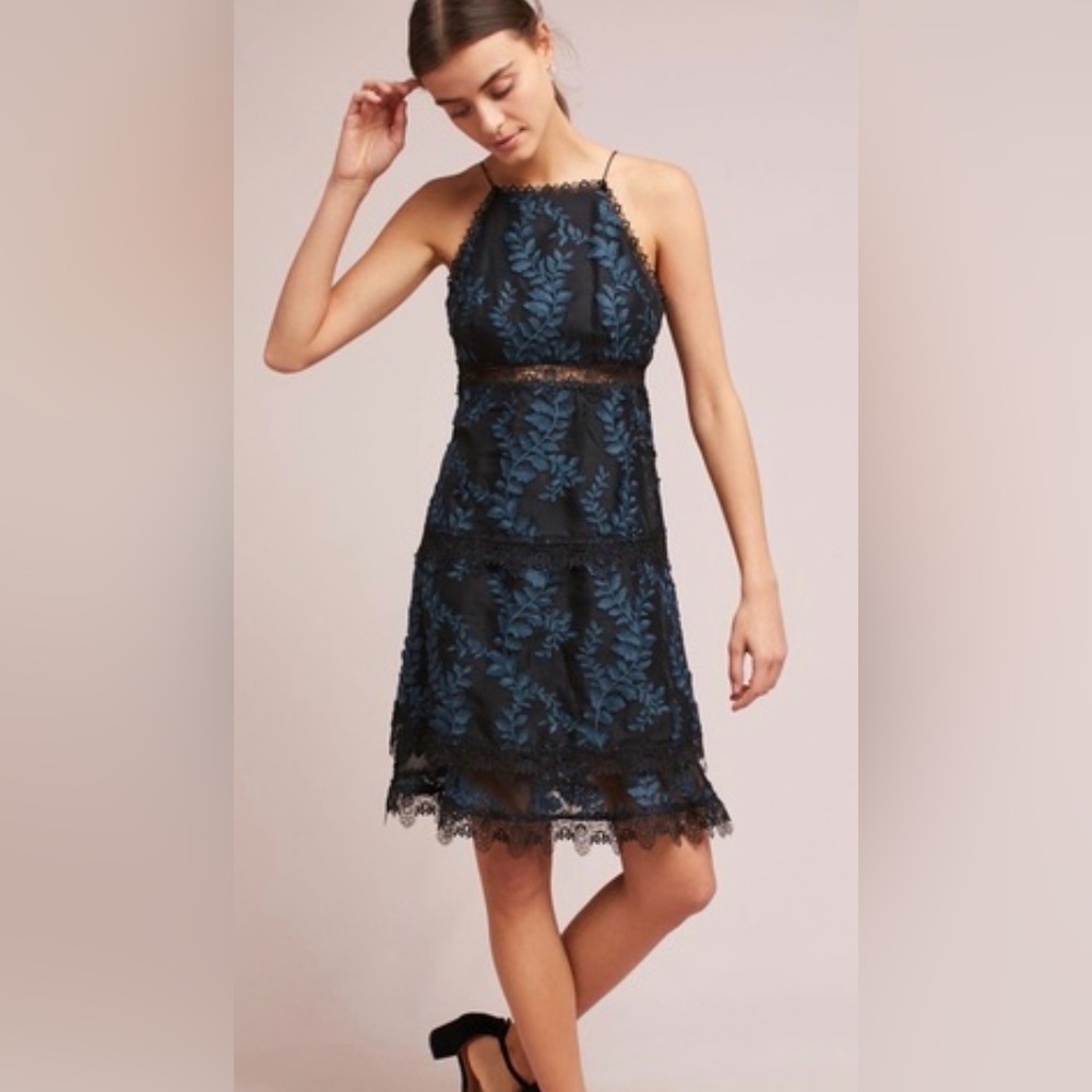 Anthropologie Monique Huillier Silk Blue Black Tiered Embroidered Lace Dress 2P